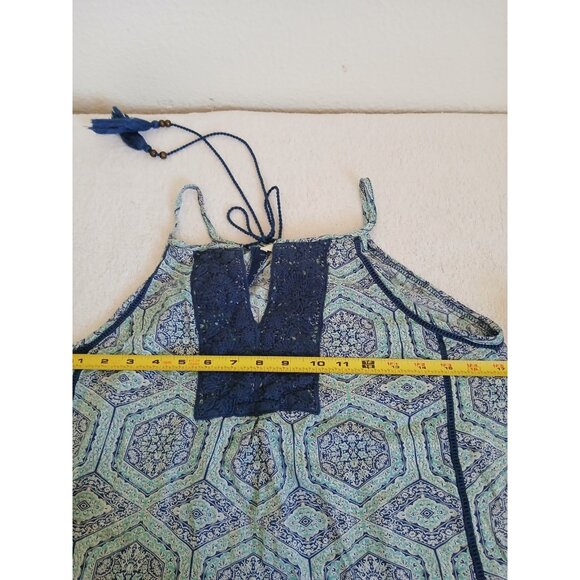 Solitaire Womens Blouse Top Navy & Green Crochet Sleeveless Tank w/ Tassels Boho - Picture 7 of 9